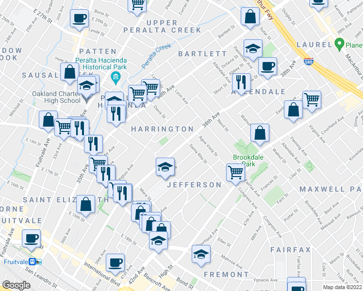 map of restaurants, bars, coffee shops, grocery stores, and more near 3718 Santa Rita Street in Oakland