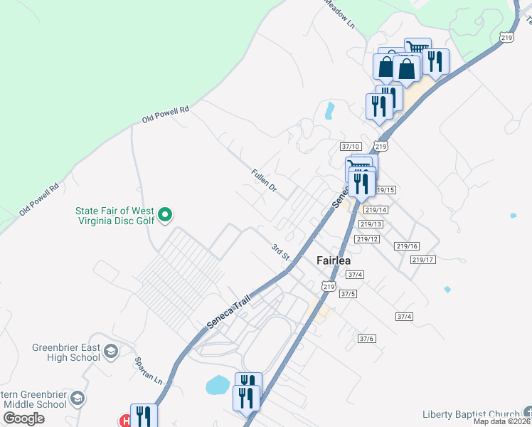 map of restaurants, bars, coffee shops, grocery stores, and more near Crestview Drive in Lewisburg