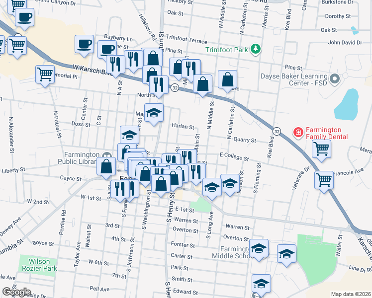 map of restaurants, bars, coffee shops, grocery stores, and more near 203 Patterson Street in Farmington