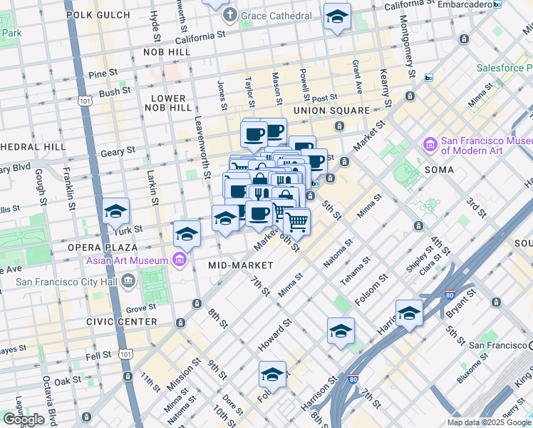 map of restaurants, bars, coffee shops, grocery stores, and more near 57 Taylor Street in San Francisco