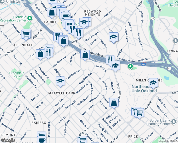 map of restaurants, bars, coffee shops, grocery stores, and more near 3465 Morcom Avenue in Oakland