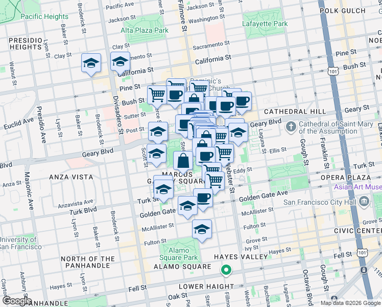 map of restaurants, bars, coffee shops, grocery stores, and more near 1455 Fillmore Street in San Francisco