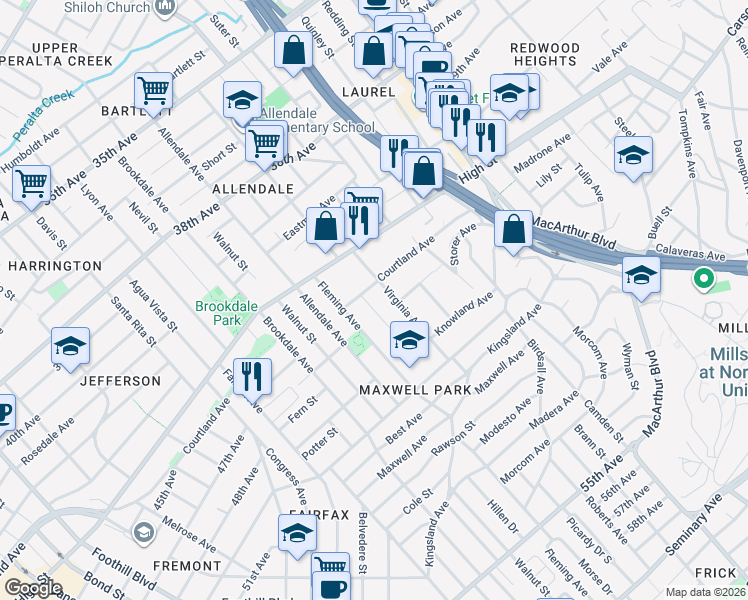 map of restaurants, bars, coffee shops, grocery stores, and more near 4420 Penniman Avenue in Oakland