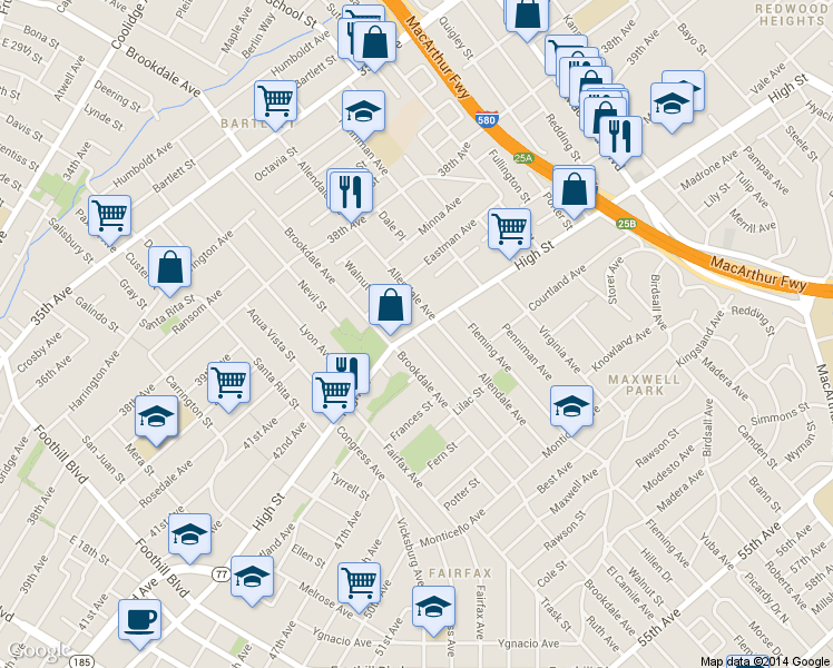 map of restaurants, bars, coffee shops, grocery stores, and more near 2701 High Street in Oakland