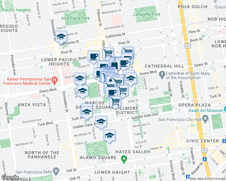 map of restaurants, bars, coffee shops, grocery stores, and more near 1445 Fillmore Street in San Francisco