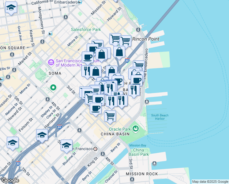 map of restaurants, bars, coffee shops, grocery stores, and more near 355 Bryant Street in San Francisco