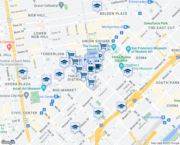 map of restaurants, bars, coffee shops, grocery stores, and more near 865 Market Street in San Francisco