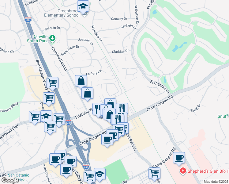 map of restaurants, bars, coffee shops, grocery stores, and more near 3040 Fostoria Circle in Danville