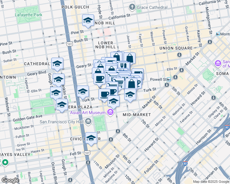 map of restaurants, bars, coffee shops, grocery stores, and more near 2 Hyde Street in San Francisco