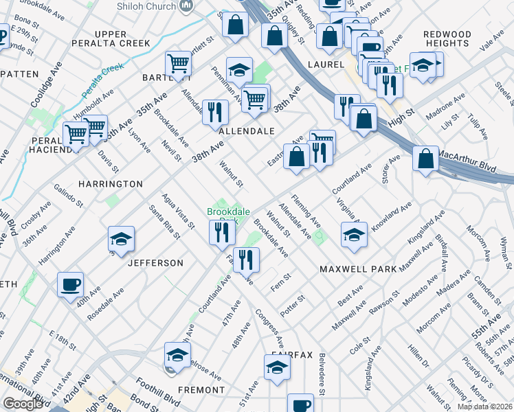 map of restaurants, bars, coffee shops, grocery stores, and more near 2625 High Street in Oakland