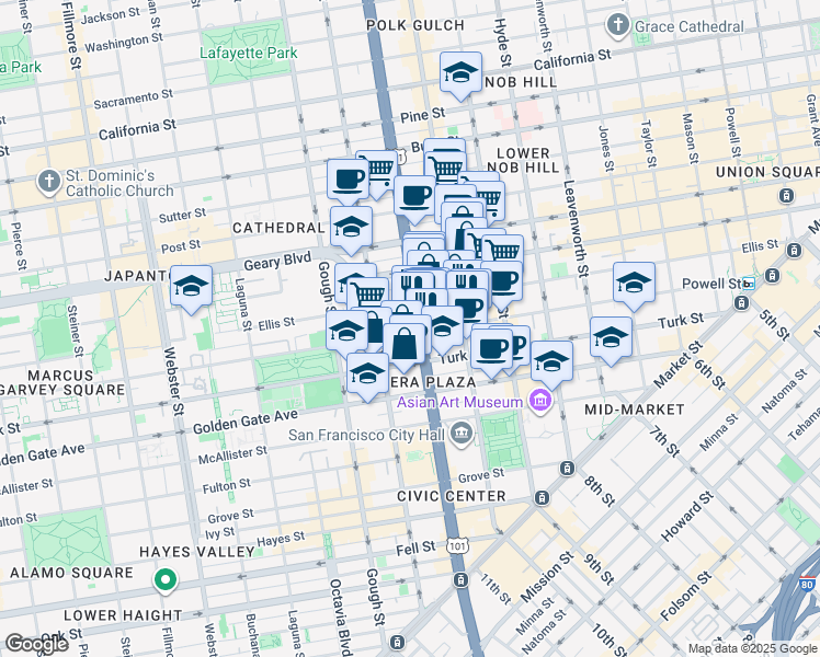 map of restaurants, bars, coffee shops, grocery stores, and more near in San Francisco