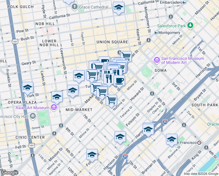 map of restaurants, bars, coffee shops, grocery stores, and more near 418 Jessie Street in San Francisco