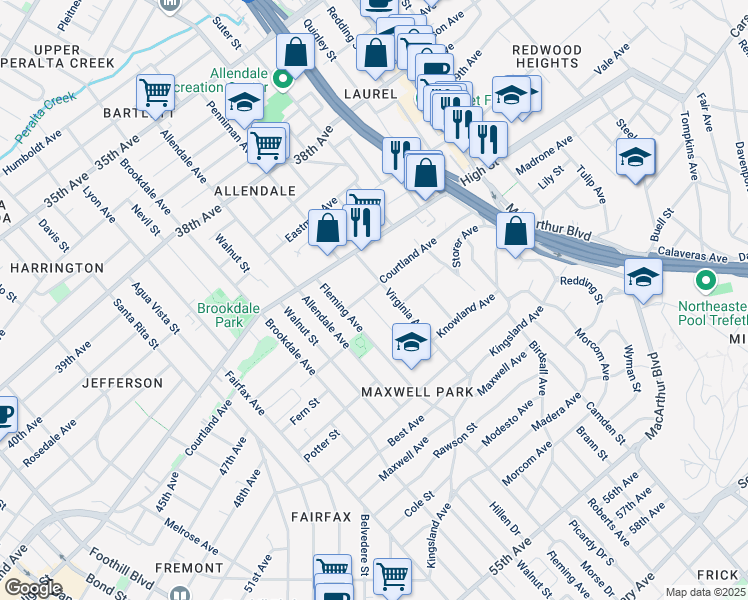 map of restaurants, bars, coffee shops, grocery stores, and more near in Oakland