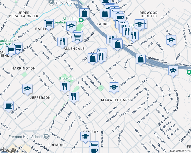 map of restaurants, bars, coffee shops, grocery stores, and more near in Oakland