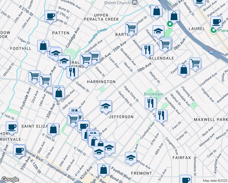 map of restaurants, bars, coffee shops, grocery stores, and more near 3718 Santa Rita Street in Oakland