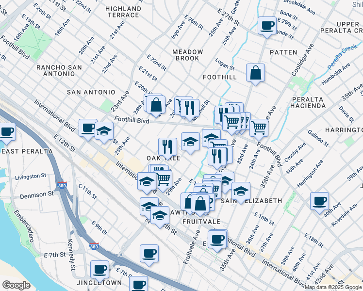 map of restaurants, bars, coffee shops, grocery stores, and more near 1751 28th Avenue in Oakland
