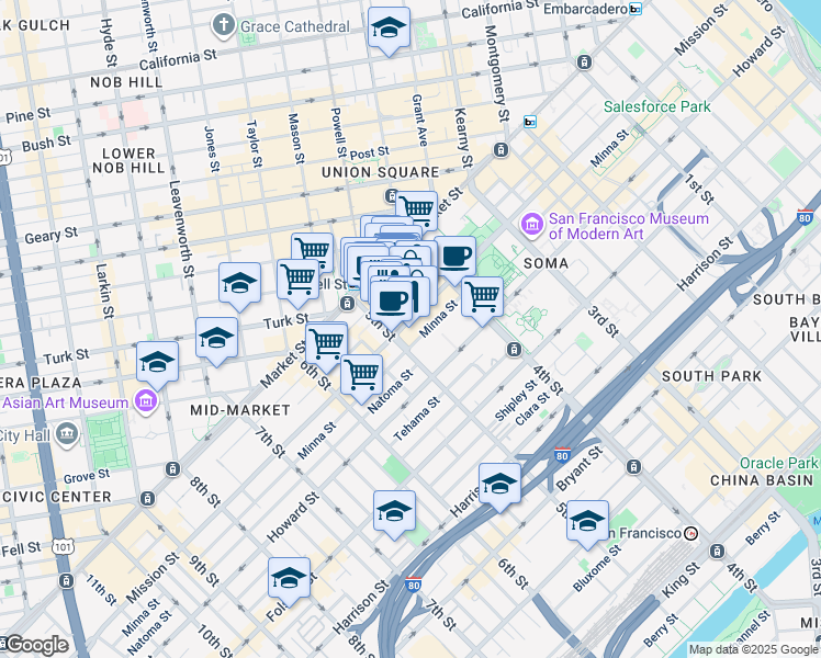 map of restaurants, bars, coffee shops, grocery stores, and more near 868 Mission Street in San Francisco