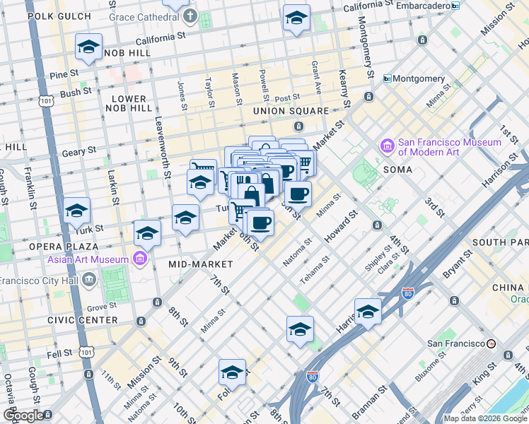map of restaurants, bars, coffee shops, grocery stores, and more near in San Francisco
