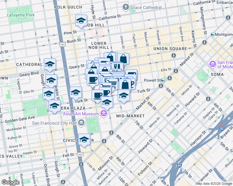 map of restaurants, bars, coffee shops, grocery stores, and more near 455 Eddy Street in San Francisco