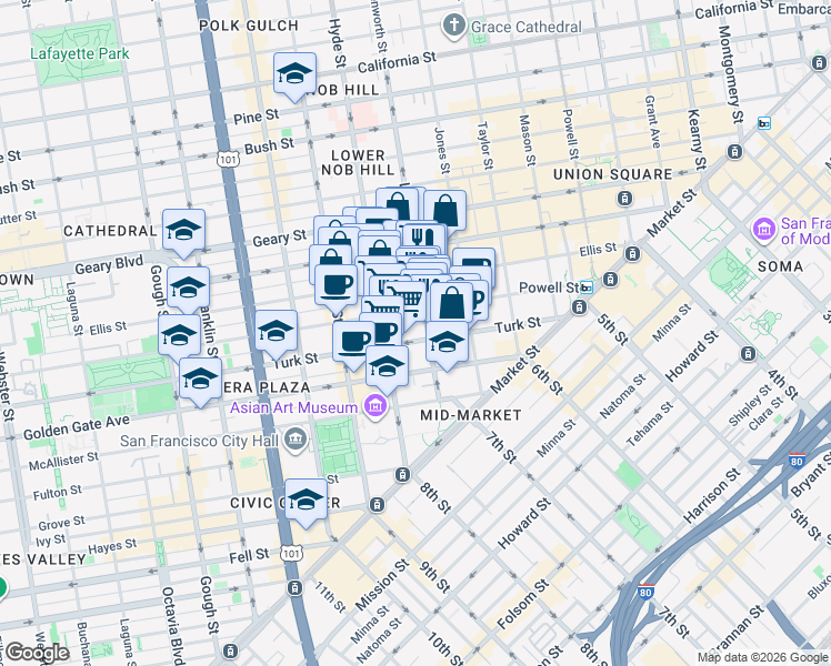map of restaurants, bars, coffee shops, grocery stores, and more near 455 Eddy Street in San Francisco