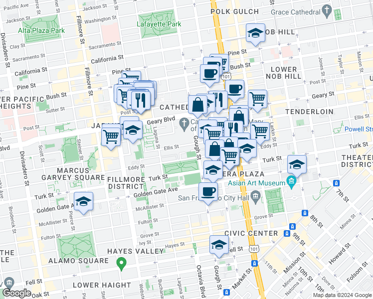 map of restaurants, bars, coffee shops, grocery stores, and more near 1100 Ellis Street in San Francisco