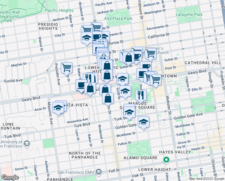 map of restaurants, bars, coffee shops, grocery stores, and more near 2186 Geary Boulevard in San Francisco