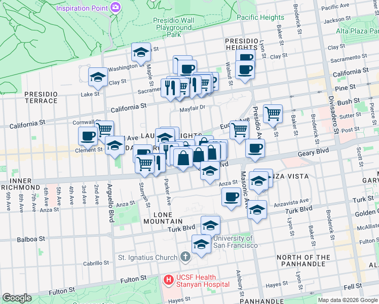 map of restaurants, bars, coffee shops, grocery stores, and more near 17-19 Cook Street in San Francisco