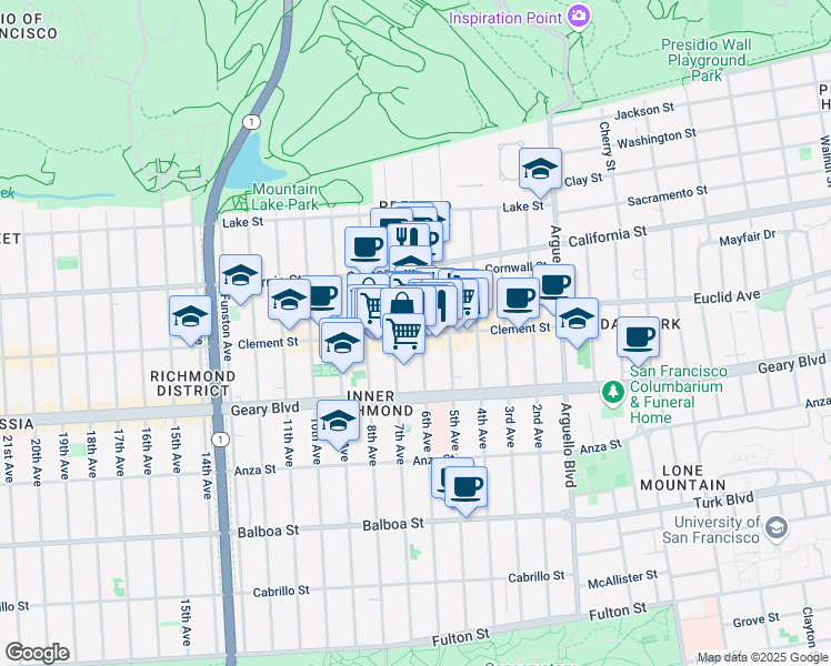 map of restaurants, bars, coffee shops, grocery stores, and more near 431 Clement Street in San Francisco