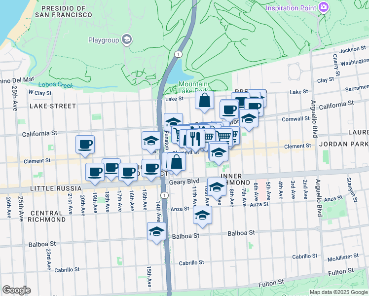 map of restaurants, bars, coffee shops, grocery stores, and more near 250 12th Avenue in San Francisco