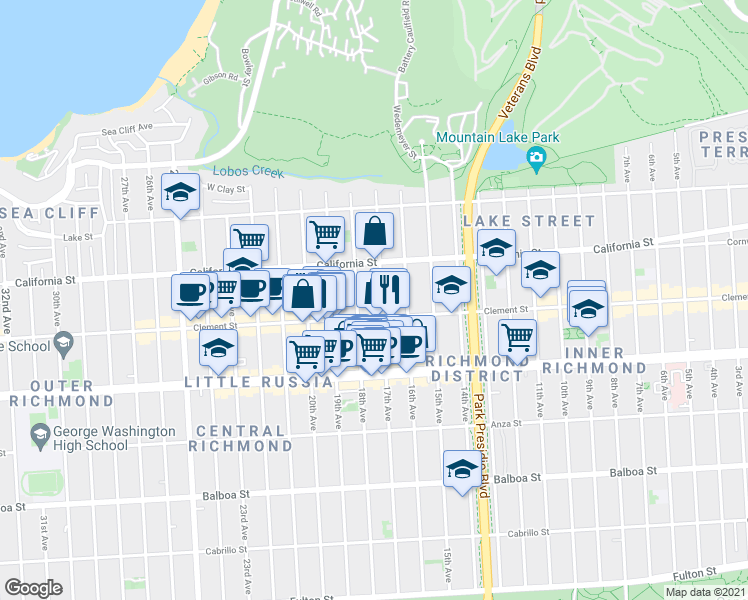 map of restaurants, bars, coffee shops, grocery stores, and more near 245 17th Avenue in San Francisco