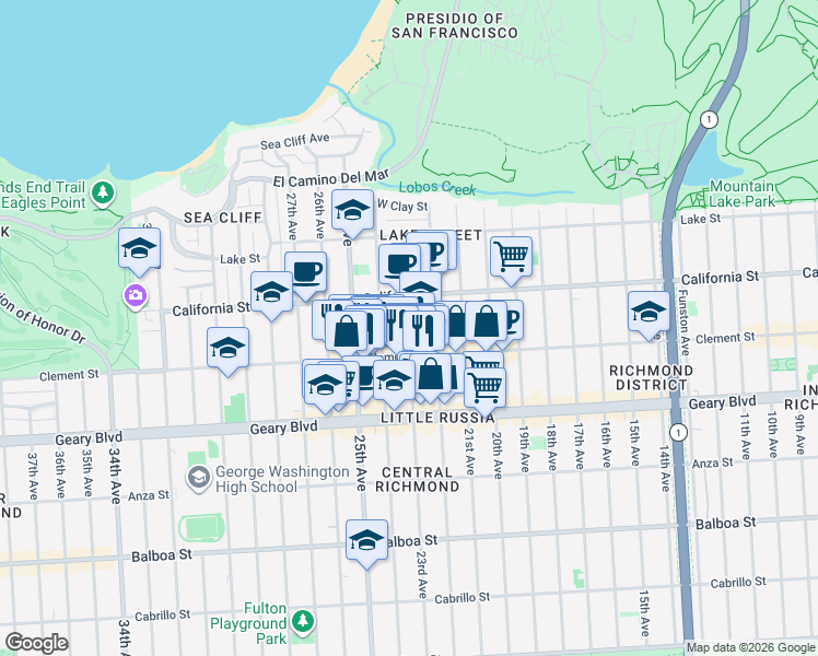 map of restaurants, bars, coffee shops, grocery stores, and more near in San Francisco
