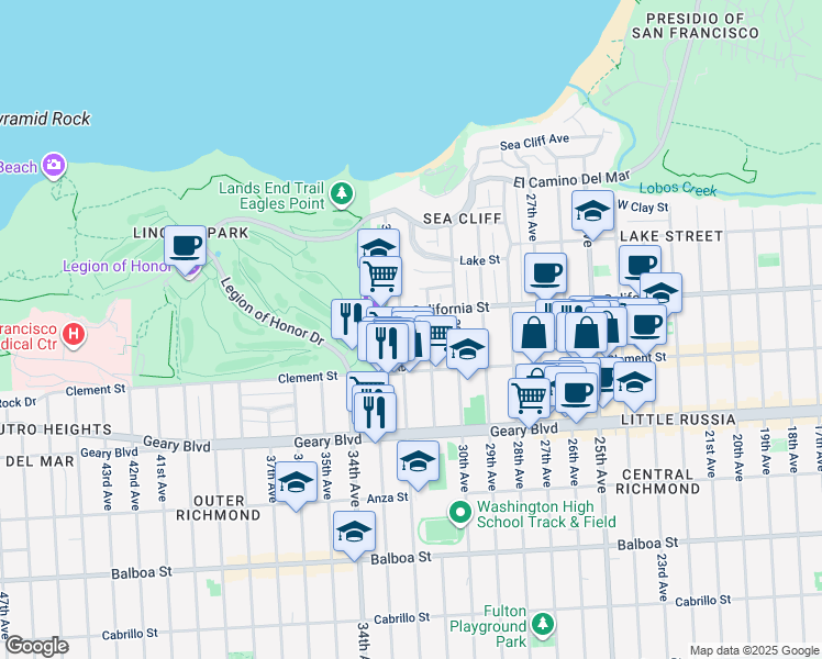 map of restaurants, bars, coffee shops, grocery stores, and more near 305 31st Avenue in San Francisco