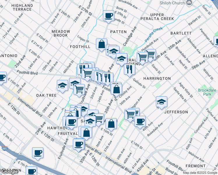 map of restaurants, bars, coffee shops, grocery stores, and more near 2025 34th Avenue in Oakland