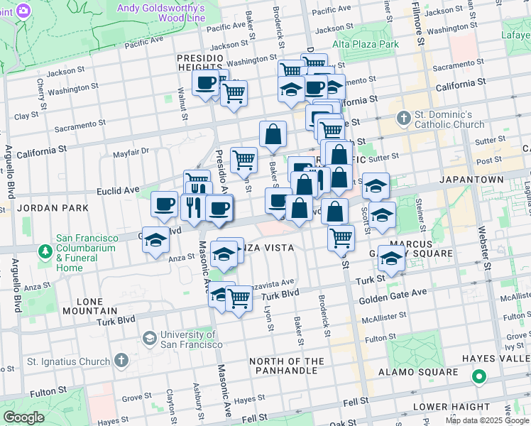 map of restaurants, bars, coffee shops, grocery stores, and more near 2450 Geary Boulevard in San Francisco