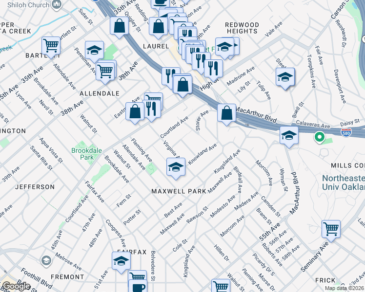 map of restaurants, bars, coffee shops, grocery stores, and more near 4521 Fairbairn Avenue in Oakland