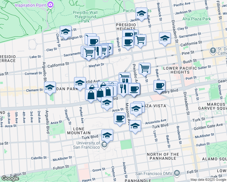 map of restaurants, bars, coffee shops, grocery stores, and more near 15 Wood Street in San Francisco