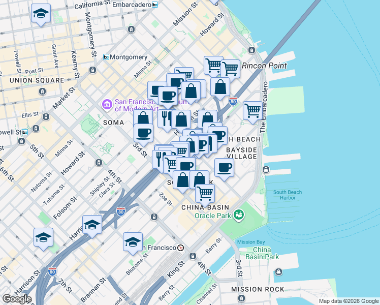 map of restaurants, bars, coffee shops, grocery stores, and more near 455 2nd Street in San Francisco
