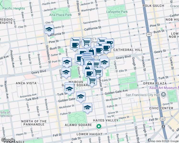 map of restaurants, bars, coffee shops, grocery stores, and more near 1460 Fillmore Street in San Francisco