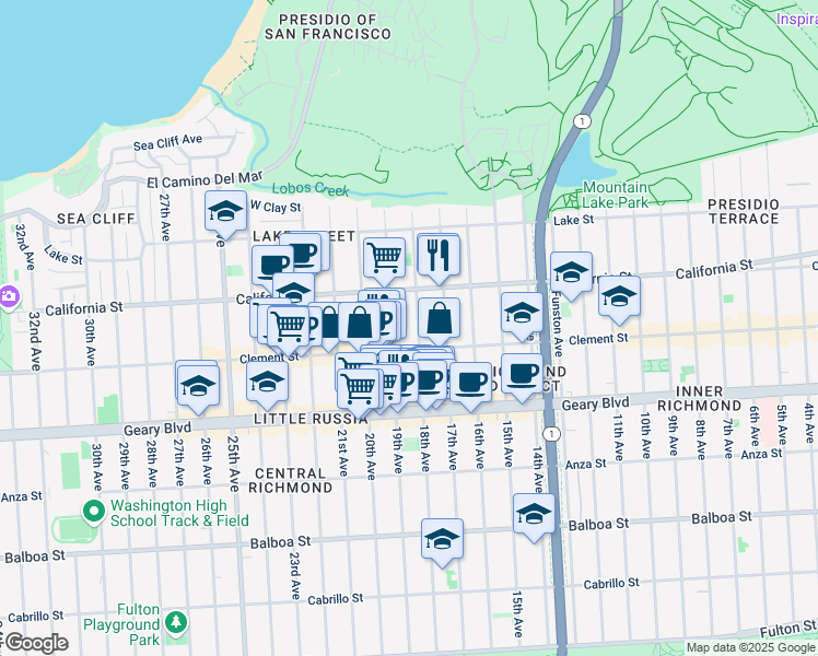 map of restaurants, bars, coffee shops, grocery stores, and more near 234 19th Avenue in San Francisco