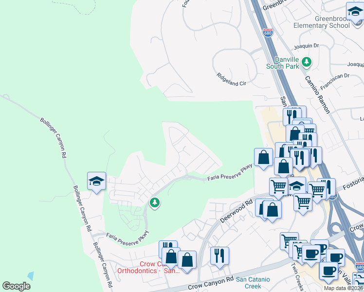 map of restaurants, bars, coffee shops, grocery stores, and more near 1201 Via Messina in San Ramon