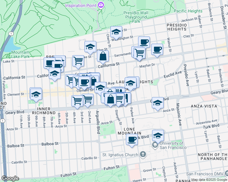 map of restaurants, bars, coffee shops, grocery stores, and more near 132 Jordan Avenue in San Francisco