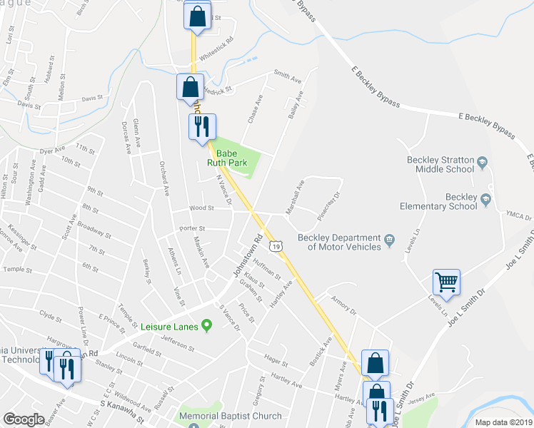 map of restaurants, bars, coffee shops, grocery stores, and more near Marshall Avenue in Beckley