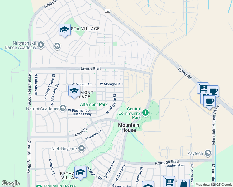 map of restaurants, bars, coffee shops, grocery stores, and more near 190 Santa Cruz Way in Tracy
