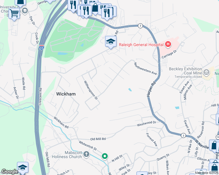 map of restaurants, bars, coffee shops, grocery stores, and more near 700 Northwestern Avenue in Beckley