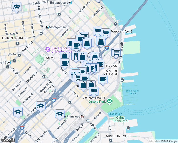 map of restaurants, bars, coffee shops, grocery stores, and more near Bryant Street & 2nd Street in San Francisco