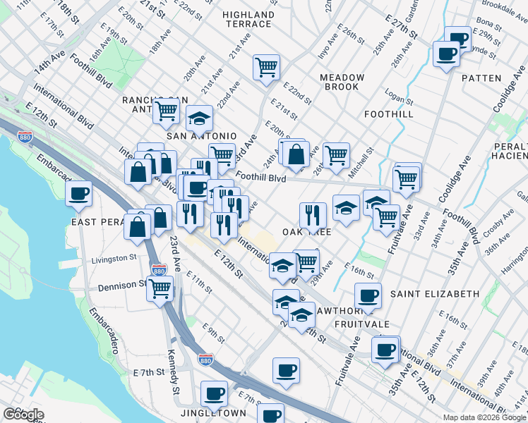 map of restaurants, bars, coffee shops, grocery stores, and more near 2531 East 16th Street in Oakland