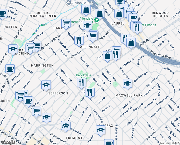 map of restaurants, bars, coffee shops, grocery stores, and more near 4100 Brookdale Avenue in Oakland