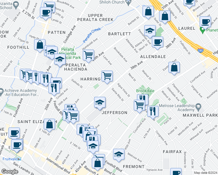 map of restaurants, bars, coffee shops, grocery stores, and more near 3718 Santa Rita Street in Oakland