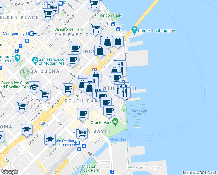 map of restaurants, bars, coffee shops, grocery stores, and more near in San Francisco