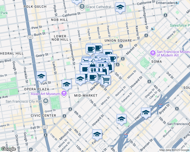 map of restaurants, bars, coffee shops, grocery stores, and more near 240 Jones Street in San Francisco